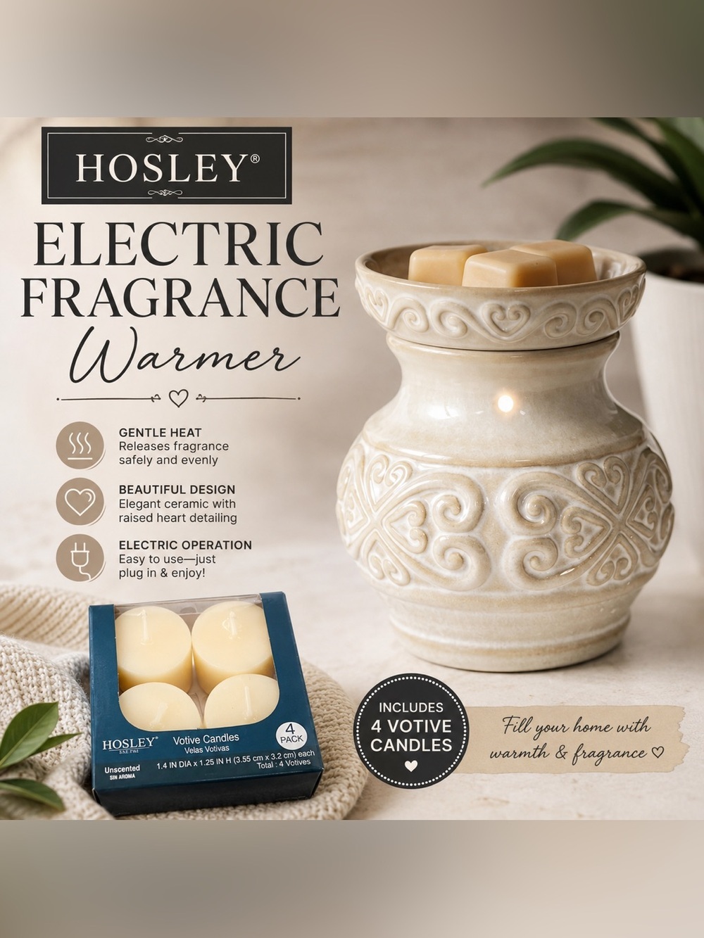 Hosley Electric Fragrance Warmer Cream Ceramic + 4 Unscented Votive Candles NWT